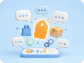 Shopping tags, bags, packages, and comment bubbles above a dashboard.