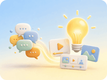 A glowing lightbulb with comment bubbles and content cards.