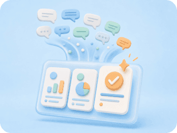 Comment bubbles flowing into insight cards and charts.