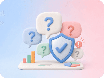Question bubbles and a shield representing objections and trust risks.
