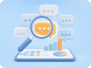 A magnifying glass over social comments and analytics charts.